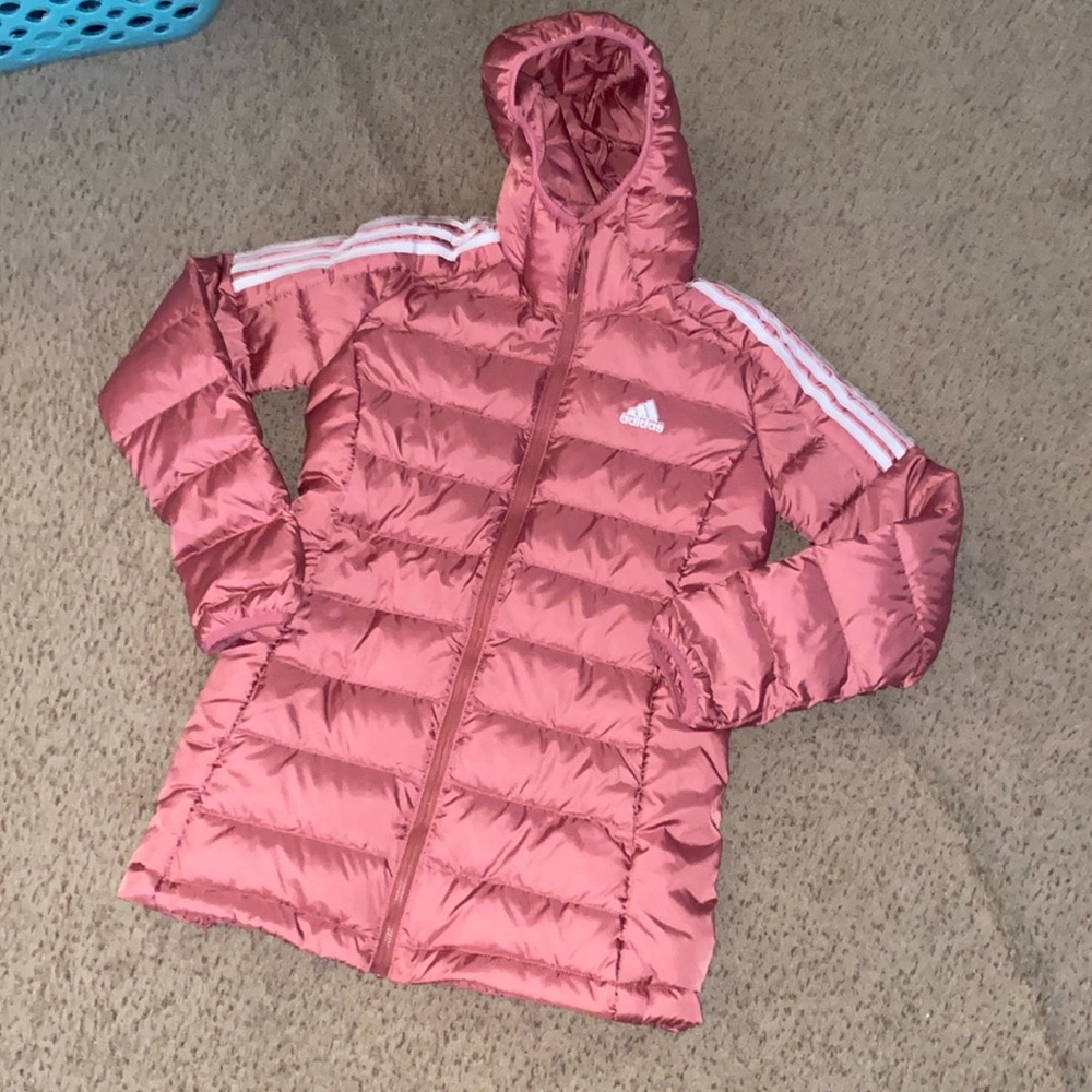 Women’s pink Adidas bubble coat size small nwot long length